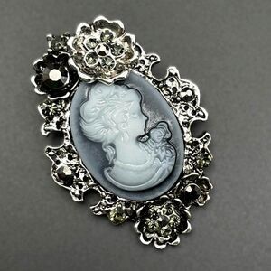 Silver with Gray and Black Onyx Crystal Lady Cameo Flower Pin Back Brooch